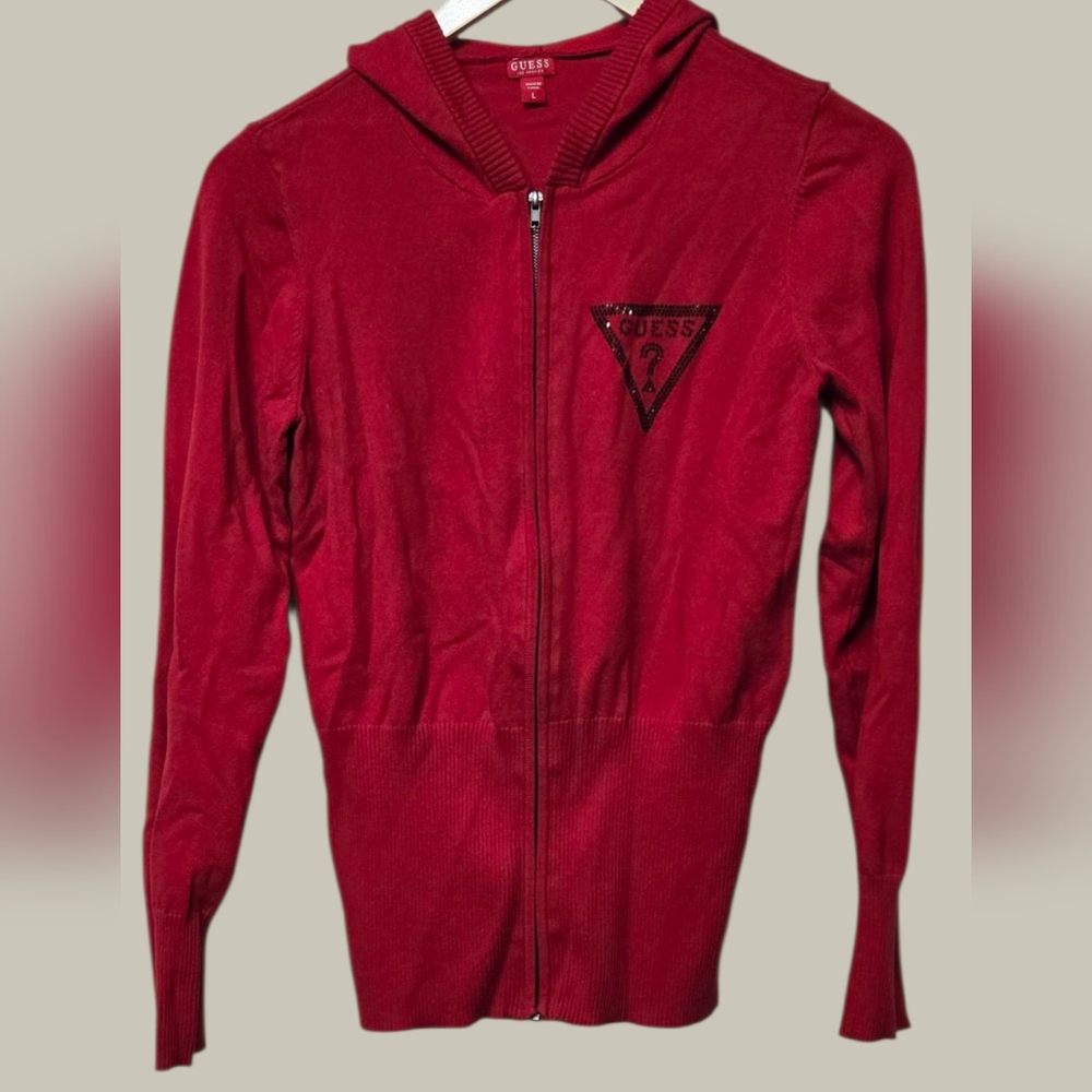Guess Red Hooded Zip-Up Sweatshirt Jacket Y2k Style Slim Fit Sz L